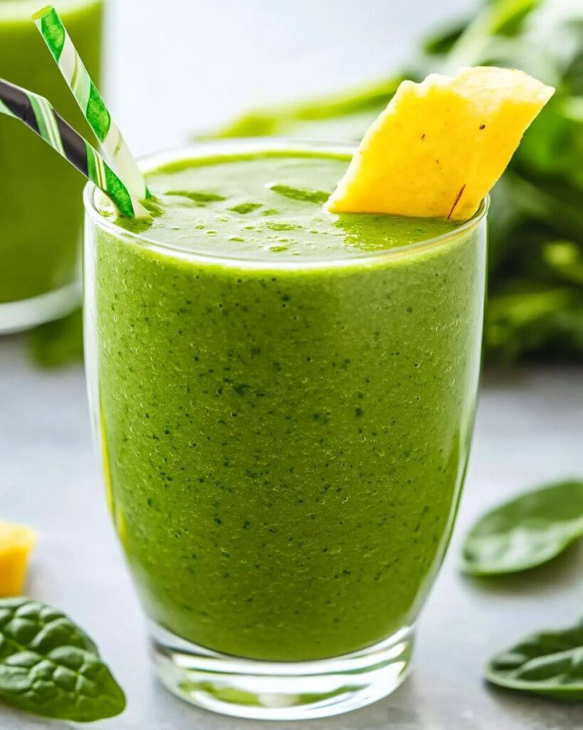 A glass of vibrant green spinach smoothie with a reusable straw, surrounded by fresh spinach leaves, banana slices, and a bowl of Greek yogurt on a rustic kitchen counter.