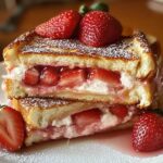A golden-brown slice of thick French toast stuffed with creamy cheesecake filling, topped with juicy strawberry compote, a dollop of whipped cream, and a dusting of powdered sugar.
