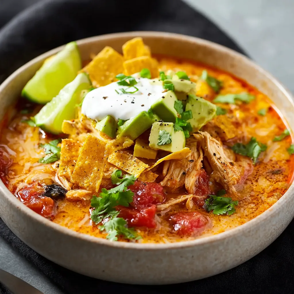Creamy chicken tortilla soup in a bowl. Garnished with avocado and tortilla strips.