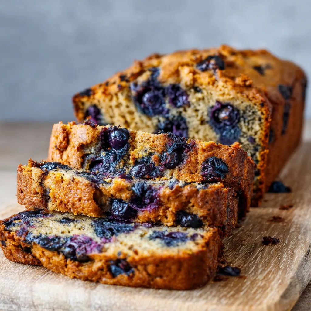 Moist blueberry zucchini bread slice. Healthy baked good!