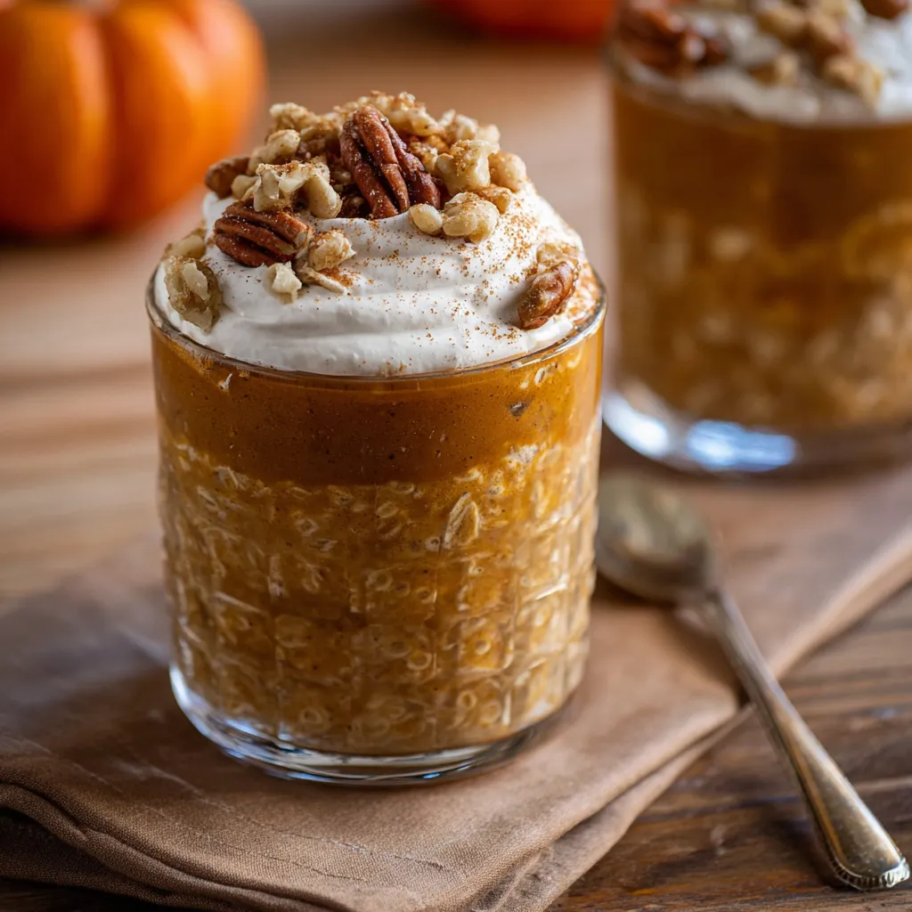 Pumpkin Pie Overnight Oats in a jar, ready to eat.