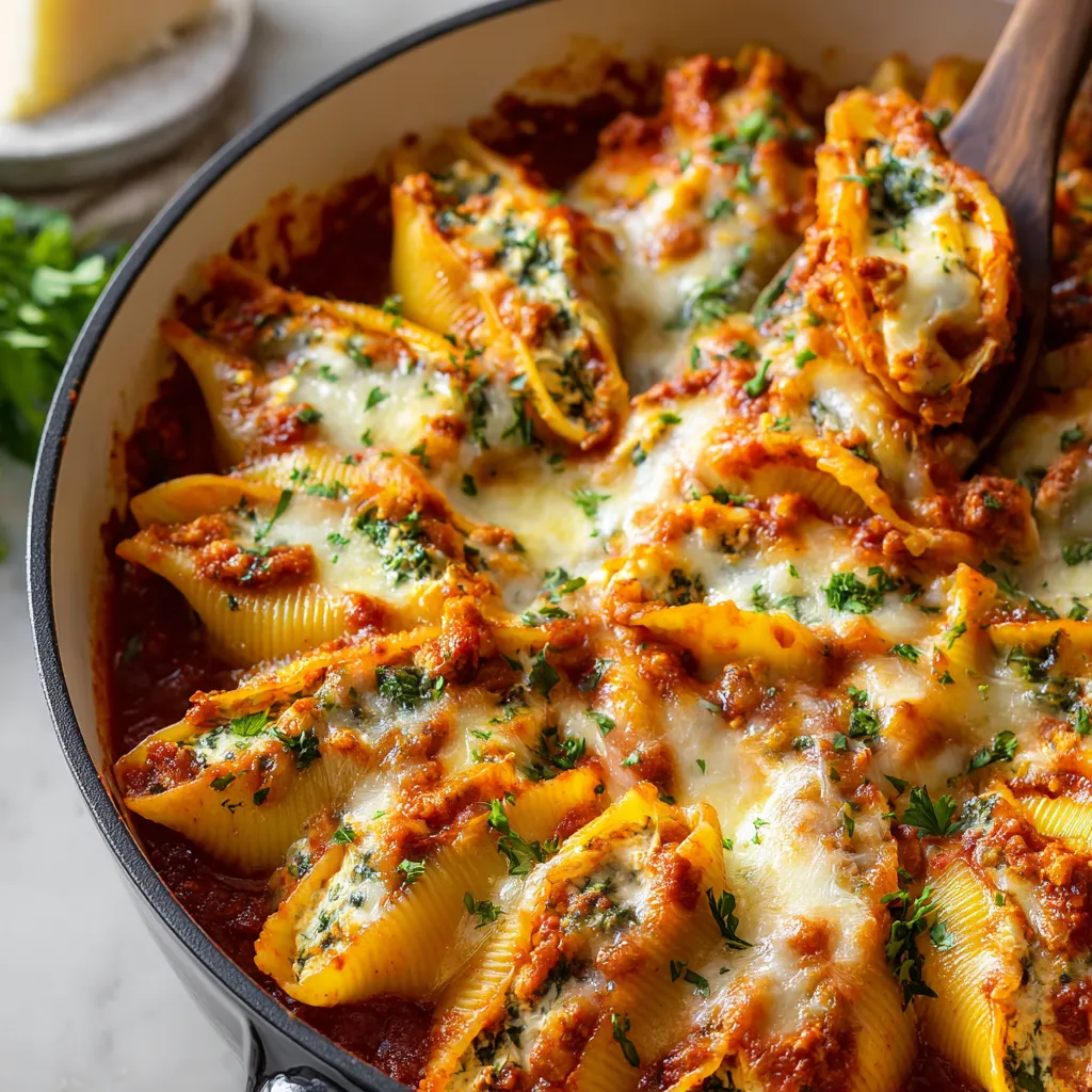 Large stuffed shells pasta, baked with ricotta cheese and tomato sauce.