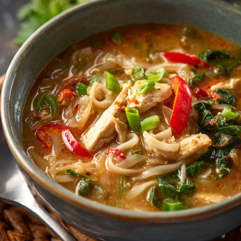 Easy Thai chicken soup in a bowl. Comforting and delicious!