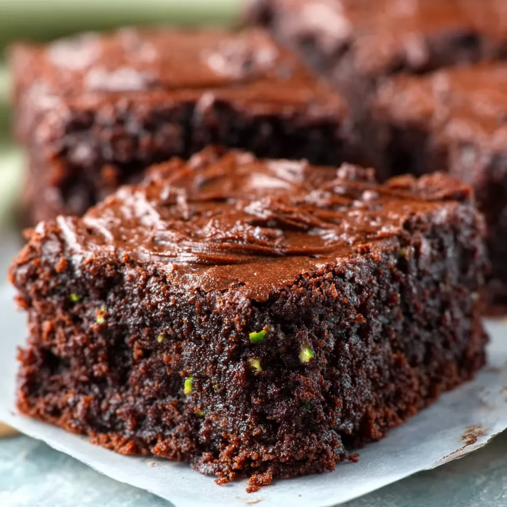 Delicious zucchini brownies on a plate. Moist, chocolatey dessert!