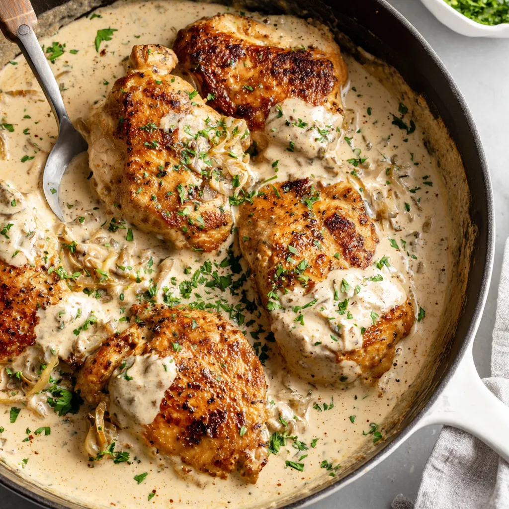 Creamy sour cream and onion chicken bake, close-up.