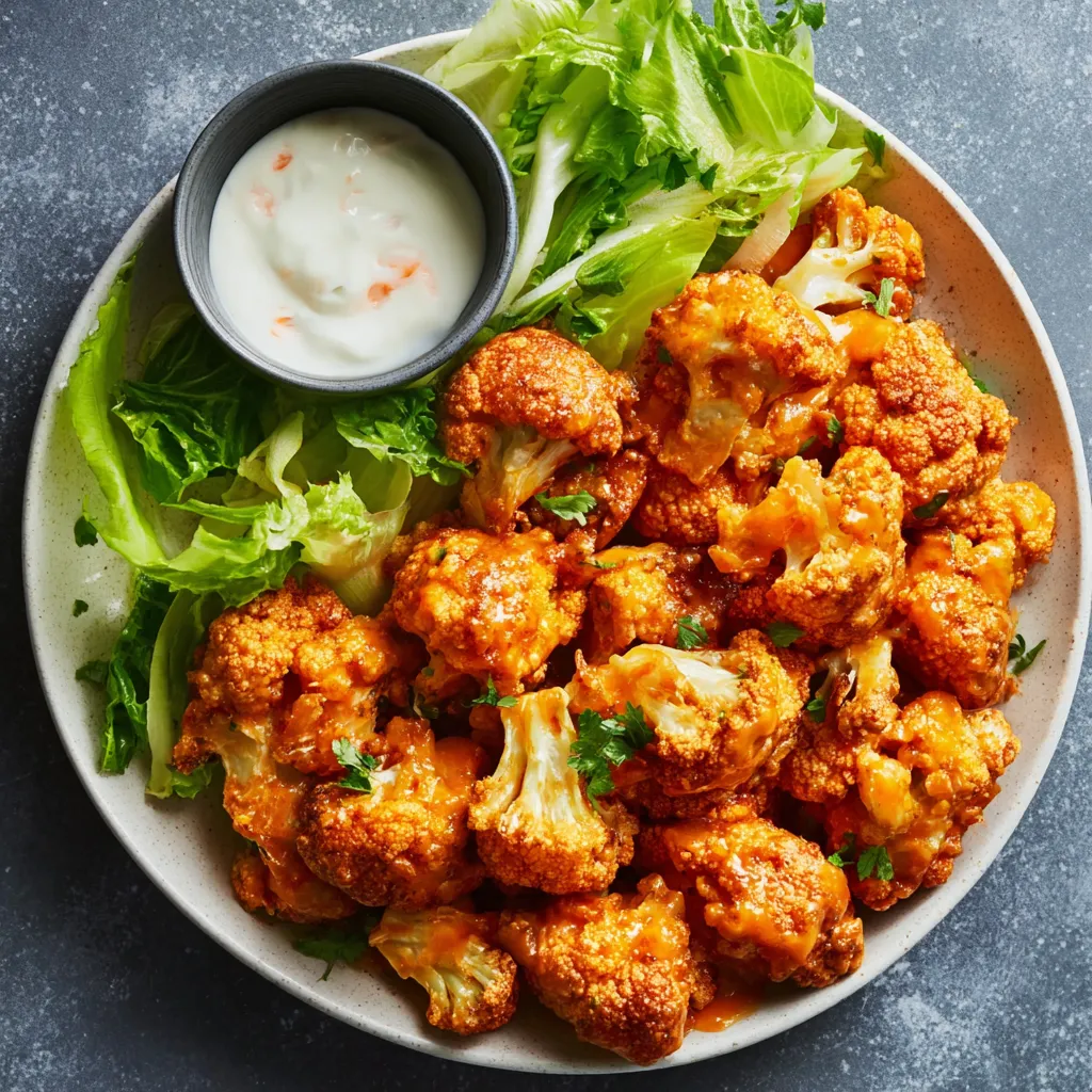 Air fryer buffalo cauliflower bites, ready to eat. Crispy, spicy cauliflower florets.