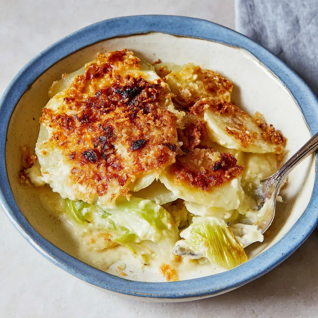Creamy baked kohlrabi gratin with golden brown, bubbling cheese.