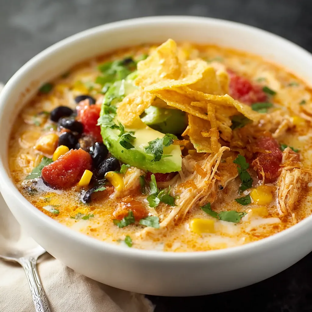 Creamy chicken tortilla soup in a bowl. Garnished with avocado and tortilla strips.