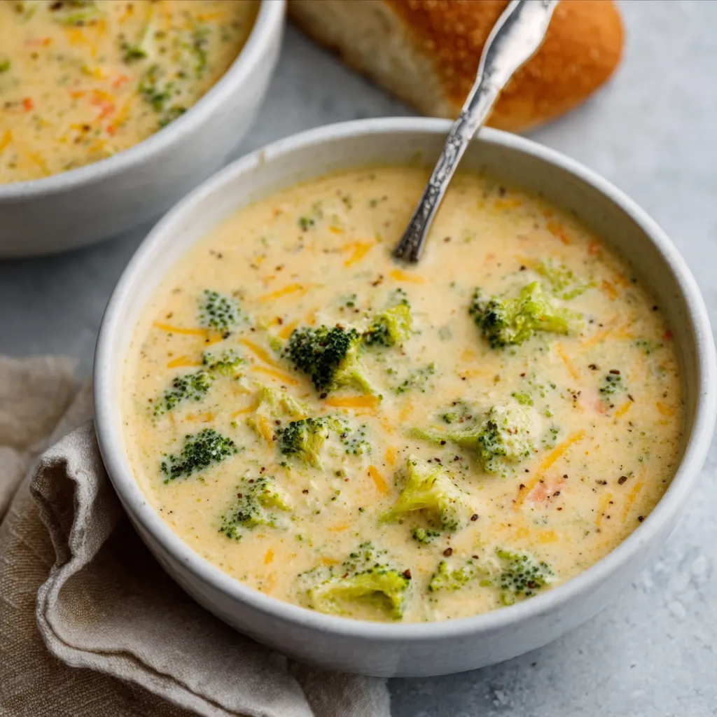 Creamy broccoli cheese soup in bowl, copycat Panera recipe.