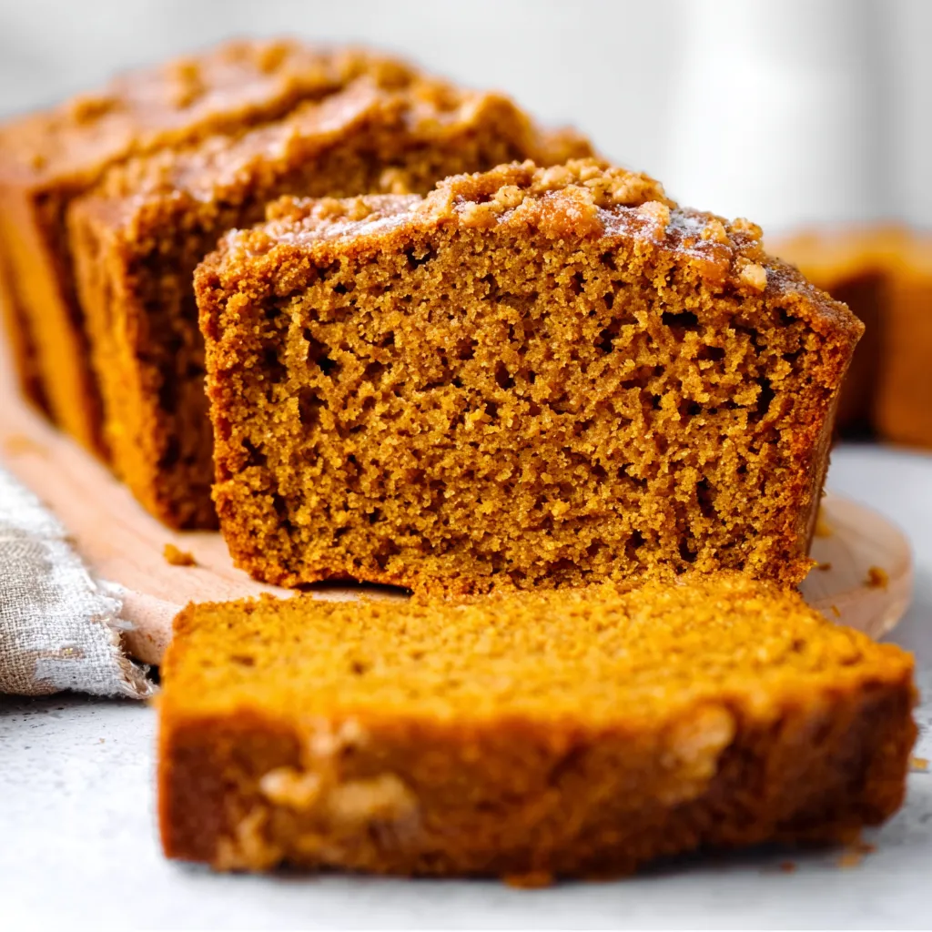 Easy pumpkin bread slice on a plate. No-mixer recipe, fall baking.