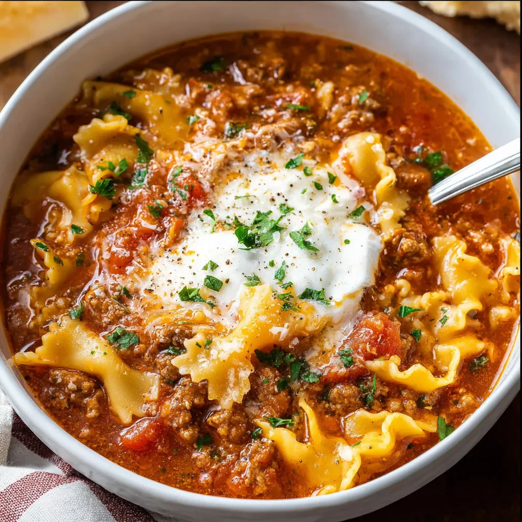 Close-up of delicious, cheesy lasagna soup in a bowl.