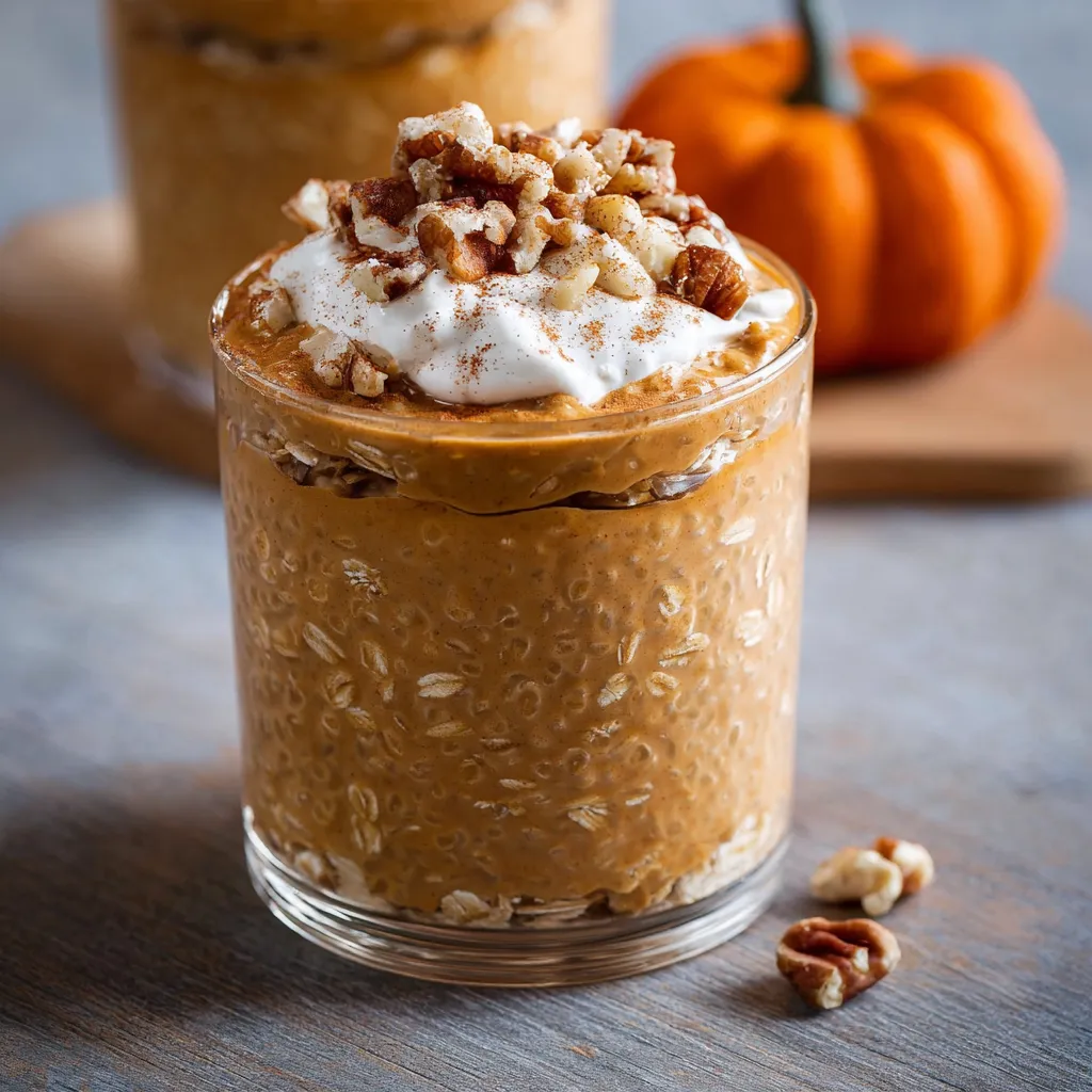 Pumpkin pie overnight oats in a glass jar, topped with pecans and cinnamon.