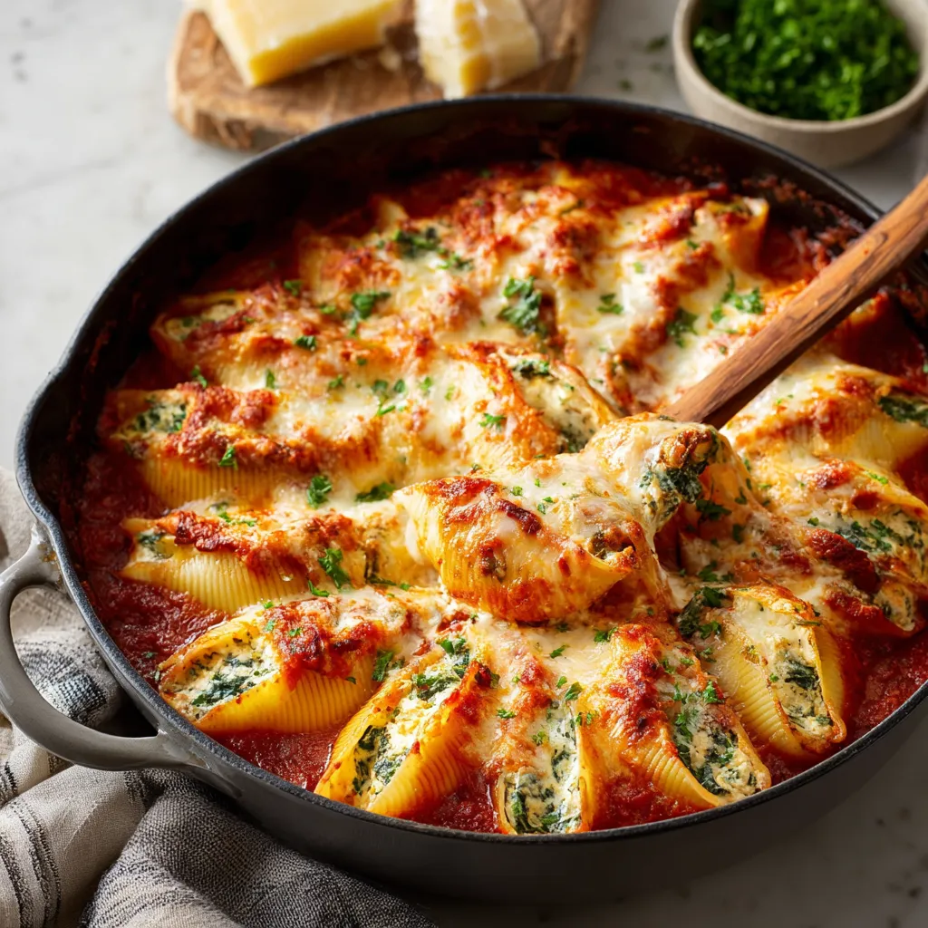 Close-up of cheesy baked stuffed shells, a comforting pasta dish.