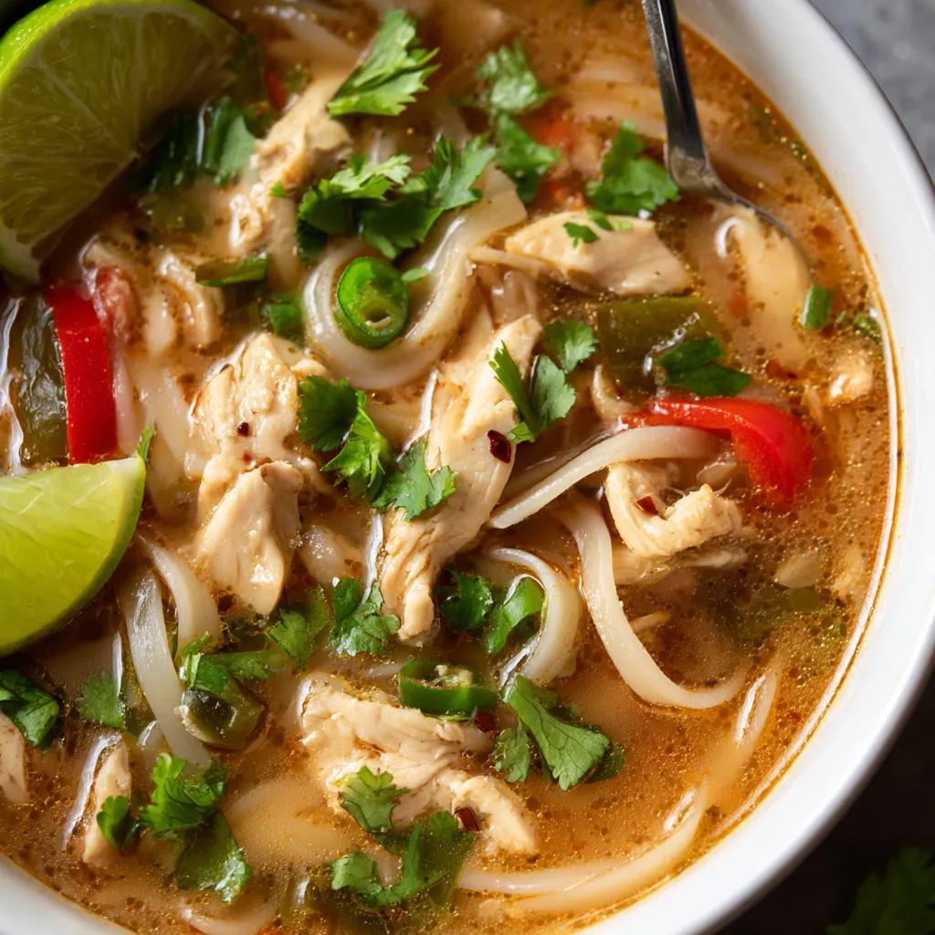 Creamy Thai chicken soup in a white bowl. Easy recipe photo.