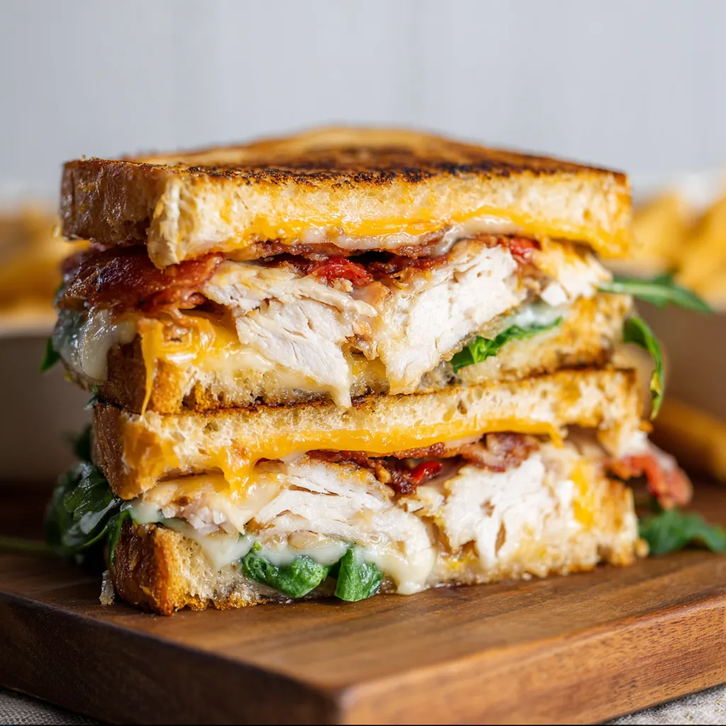 Cheddar bacon turkey melt on sourdough bread. Delicious sandwich detail.
