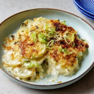 Baked kohlrabi gratin with creamy cheese sauce, bubbling and golden brown.