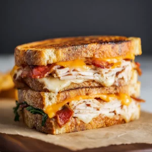 Cheddar bacon turkey melt on sourdough bread.