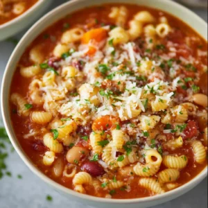 Pasta Fagioli soup in a rustic bowl. Hearty Italian bean and pasta soup.