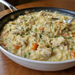 Creamy chicken pot pie orzo in a white bowl. Comfort food.