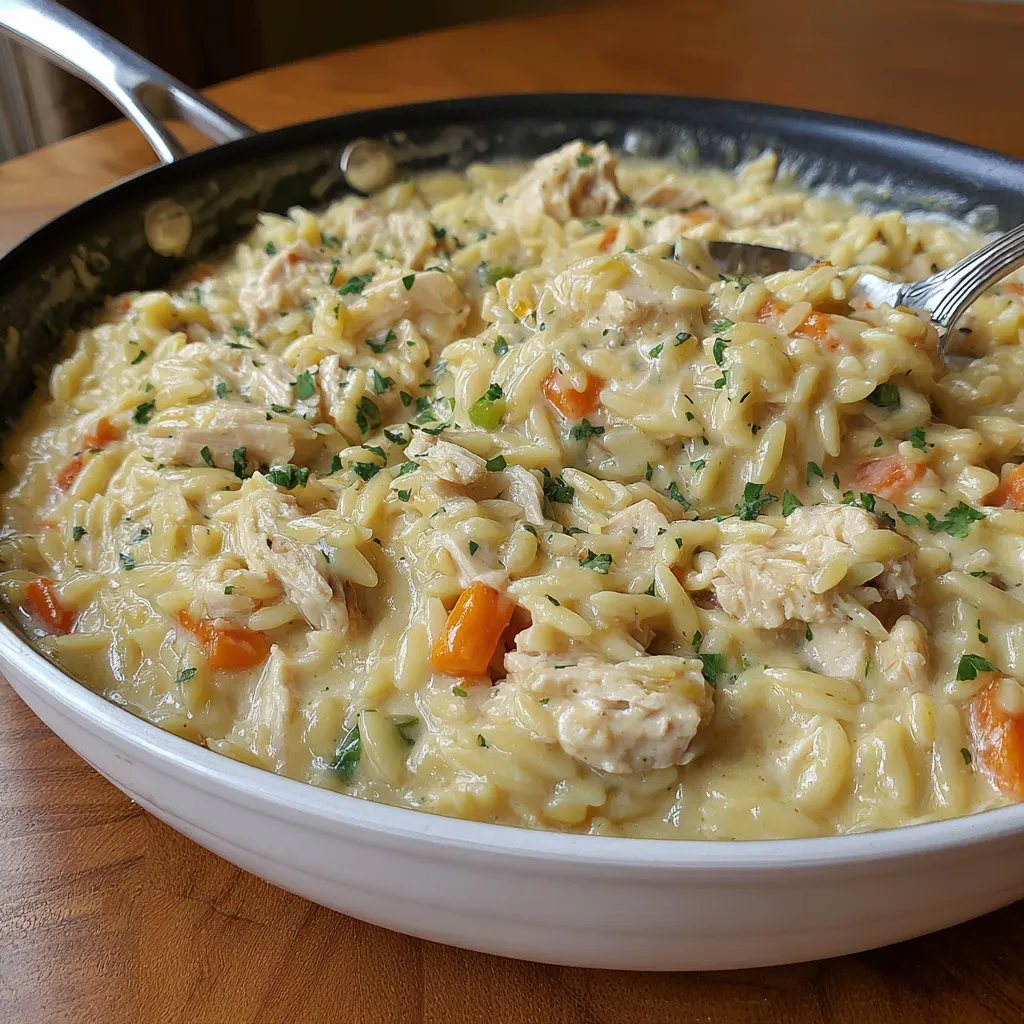 Creamy chicken pot pie orzo in a white bowl. Comfort food.