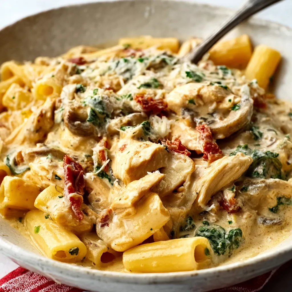 Creamy Tuscan Chicken Pasta: Close-up of the dish with juicy chicken and creamy sauce.