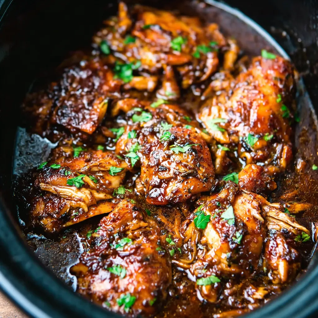 Slow Cooker Honey Garlic Chicken: Juicy chicken simmering in honey garlic sauce.