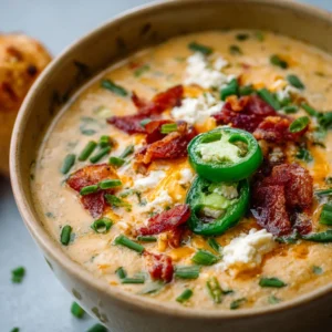 Creamy jalapeno popper soup in a white bowl. Cheesy, spicy comfort food.