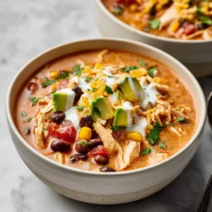 Easy Chicken Taco Soup in a bowl. Hearty, flavorful, and ready to eat.