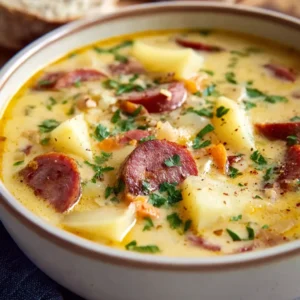 Creamy kielbasa potato soup in a bowl. Hearty sausage and potato soup recipe.