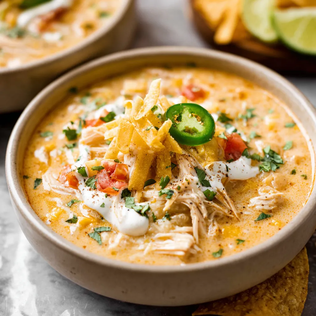 Creamy white chicken chili in a white bowl.