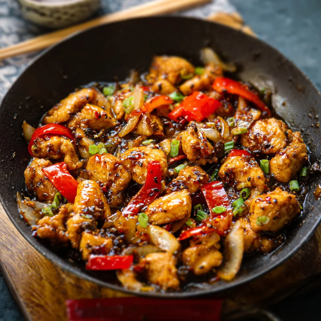 Black pepper chicken stir-fry: juicy chicken, vegetables, peppery sauce.