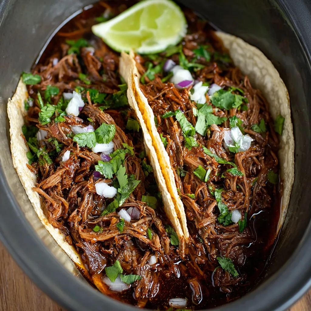 Slow cooker barbacoa in a serving bowl, ready to eat. Easy recipe.