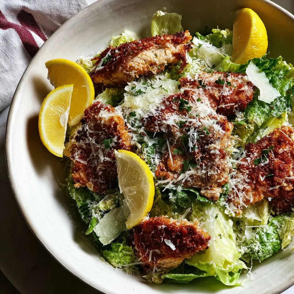 Crispy chicken Caesar salad: fried chicken strips on romaine lettuce with creamy dressing.