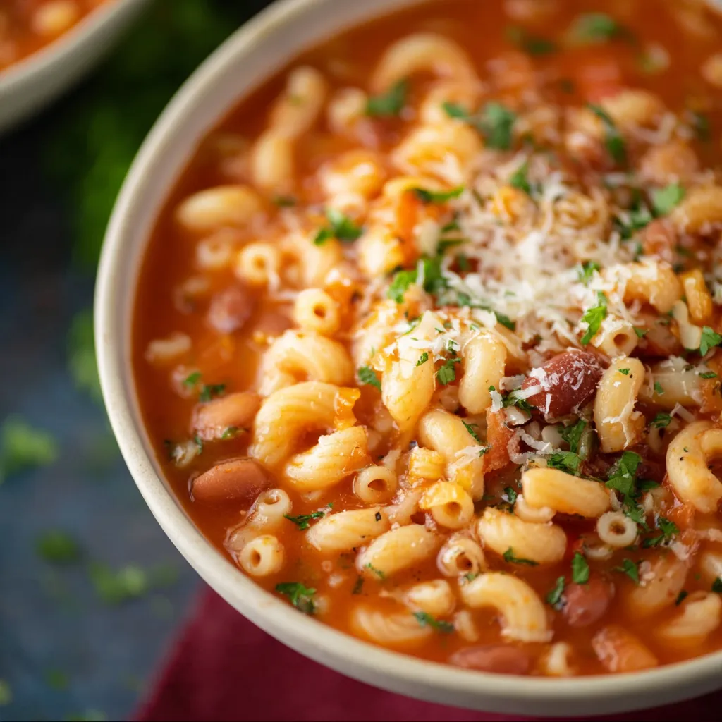 Hearty bowl of Pasta Fagioli soup with ditalini pasta, beans, and vegetables.