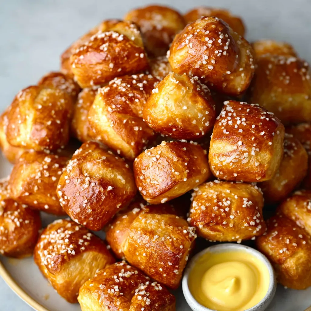 Close-up of golden brown homemade soft pretzel bites.