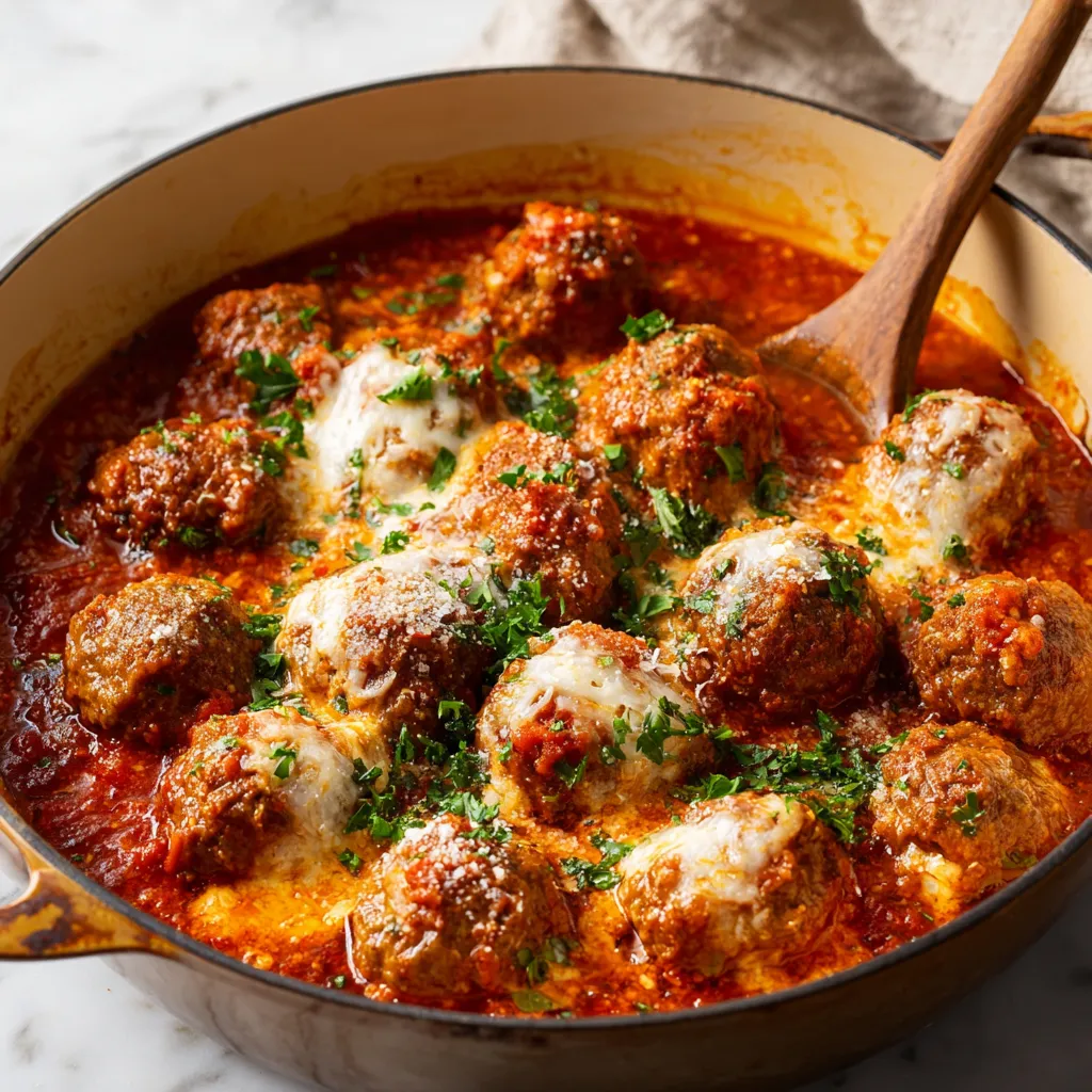Close-up of juicy ricotta meatballs simmering in tomato sauce.