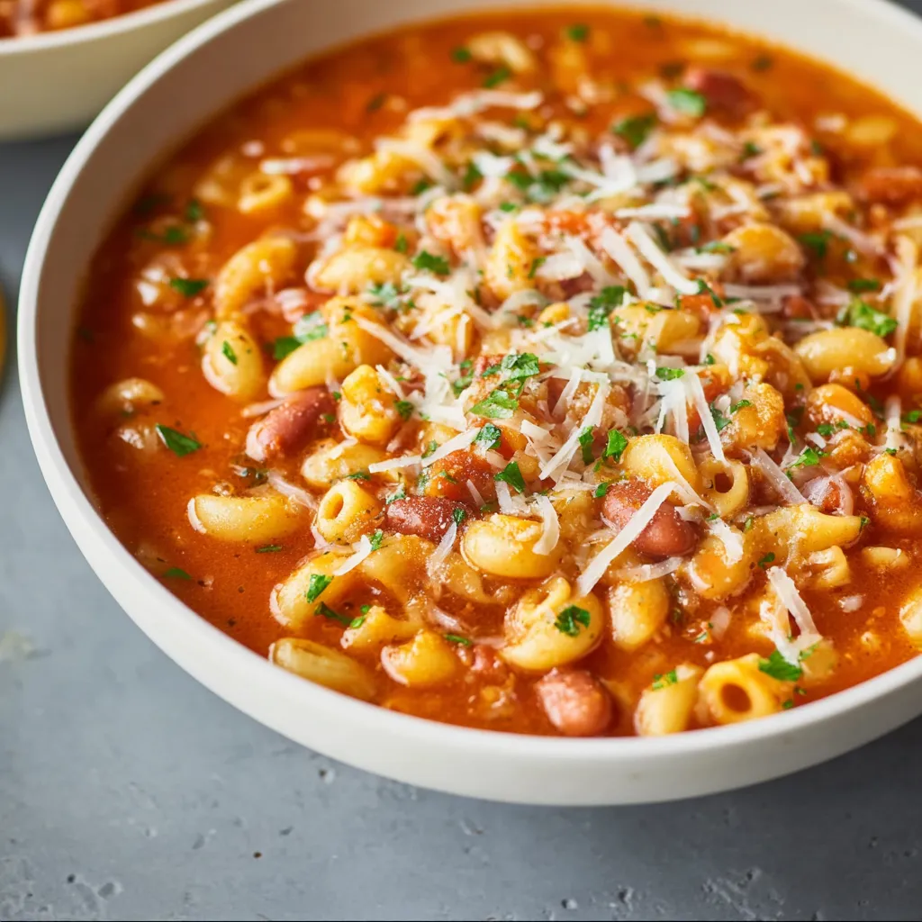 Hearty bowl of Pasta Fagioli soup with ditalini pasta, beans, and vegetables.