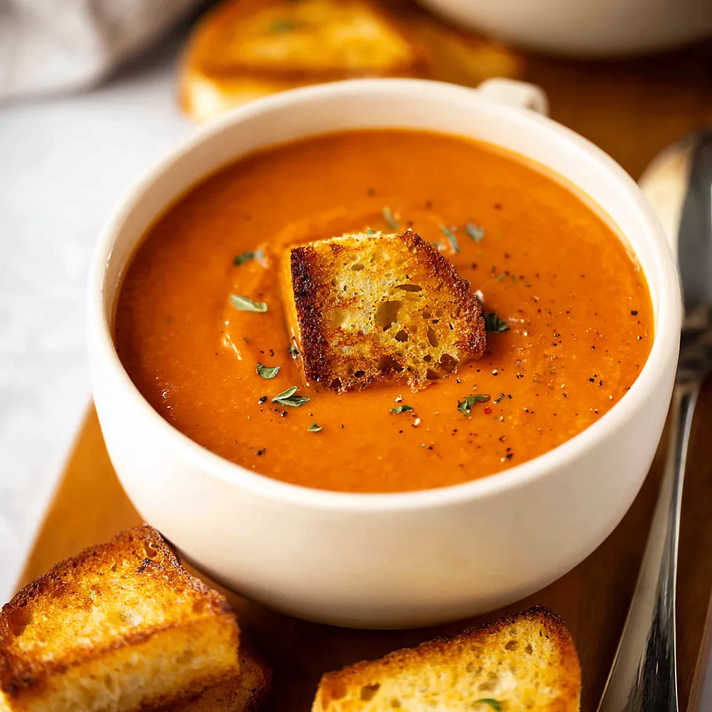 Roasted tomato basil soup in a bowl. Creamy, homemade tomato soup.
