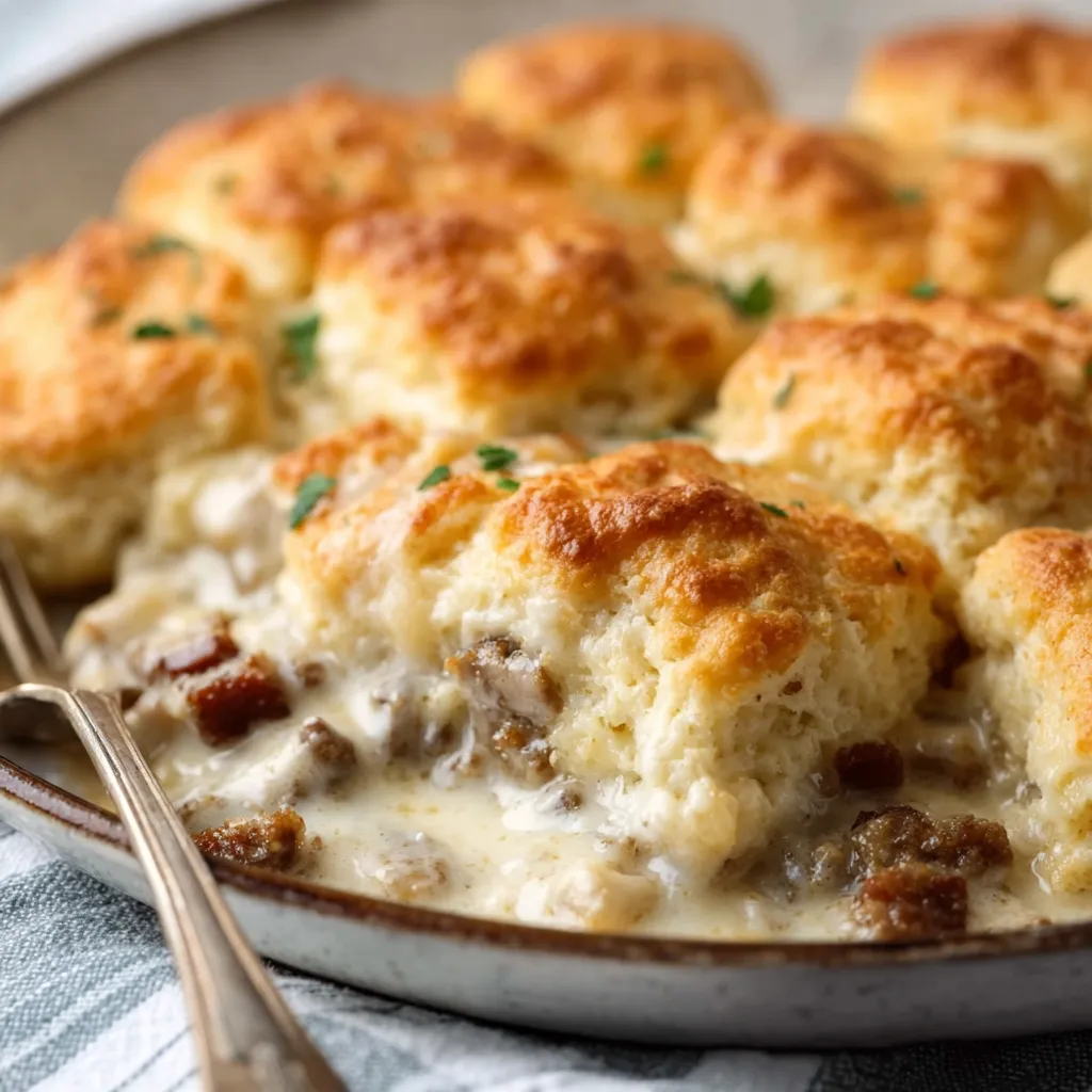 Biscuits and gravy casserole: Golden brown biscuits over creamy sausage gravy.