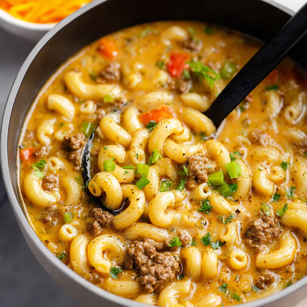 Creamy one-pot macaroni cheeseburger soup simmering in a pot.