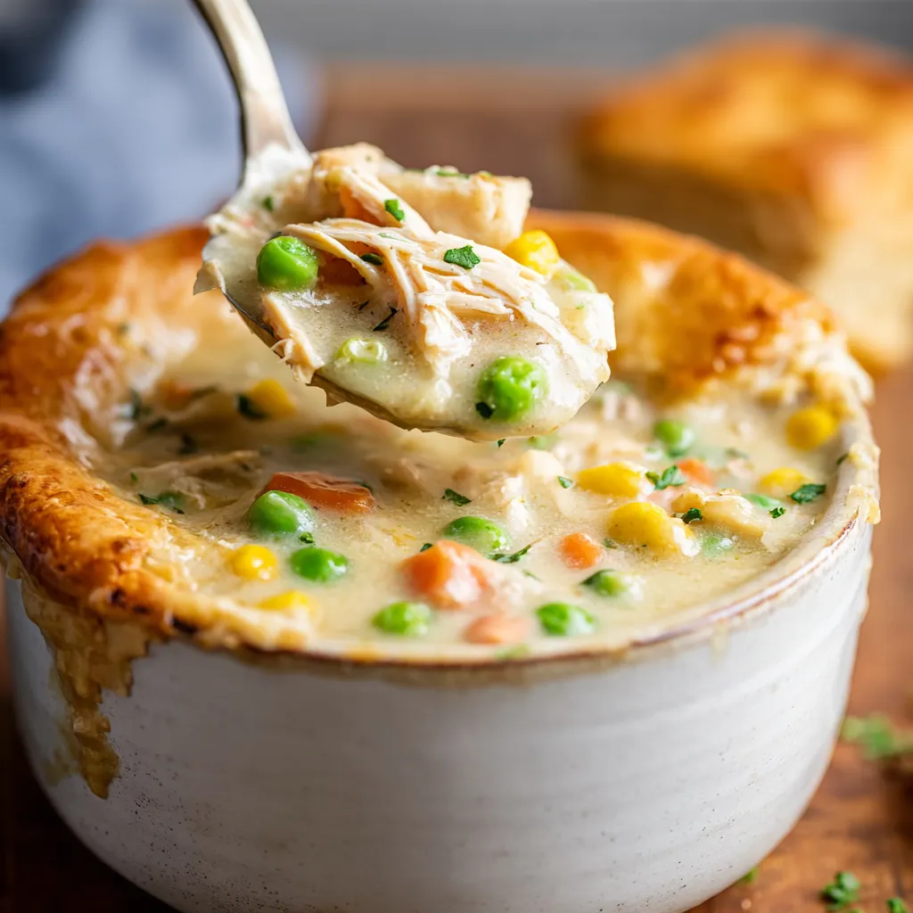 Chicken pot pie soup in a bowl, creamy and topped with flaky crust pieces.