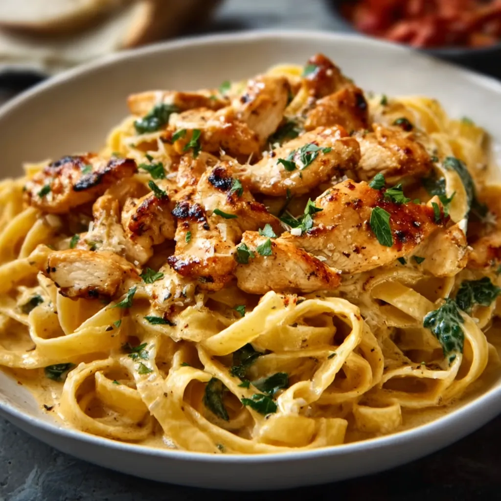 Cowboy butter chicken linguine dish. Creamy pasta with chicken.