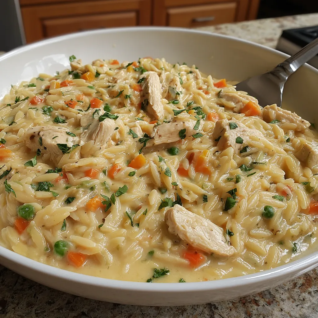Creamy chicken pot pie orzo in a white bowl, close-up.