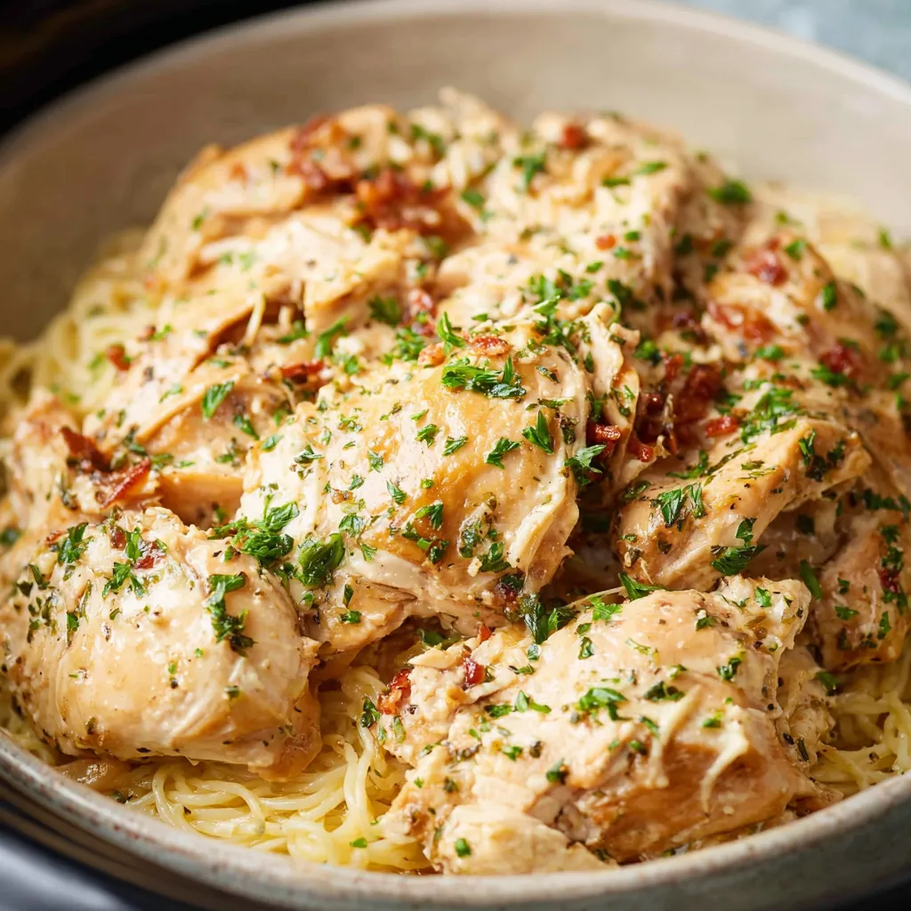 Crockpot angel chicken: creamy sauce coats shredded chicken.