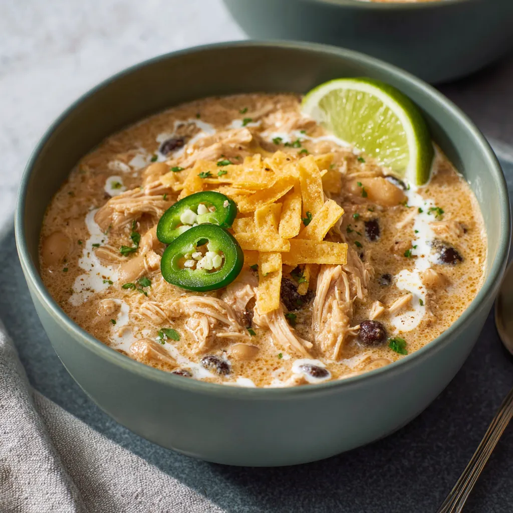 Creamy white chicken chili in a crockpot. Easy recipe with cream cheese.