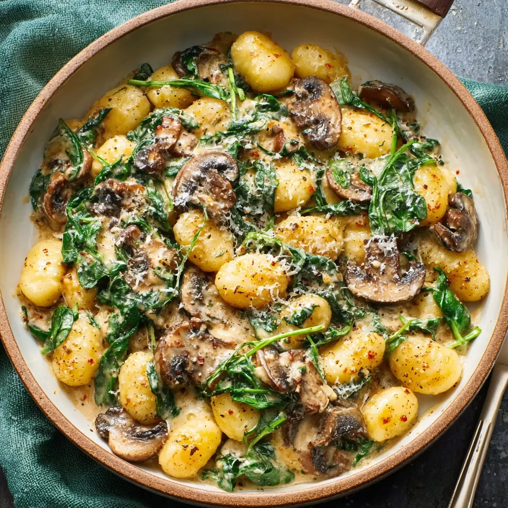 Creamy spinach mushroom gnocchi in a white bowl.