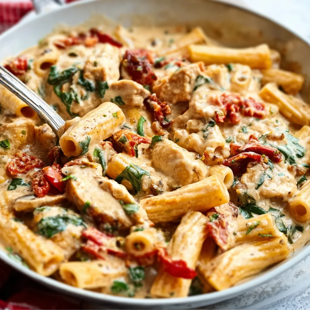 Creamy Tuscan Chicken Pasta: Close-up of pasta with chicken, spinach, and sun-dried tomatoes.
