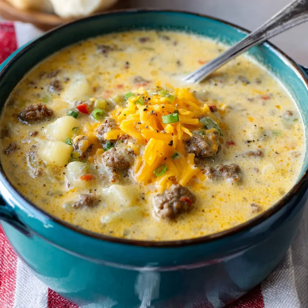 Crock Pot Cheeseburger Soup simmering. Easy, cheesy comfort food.