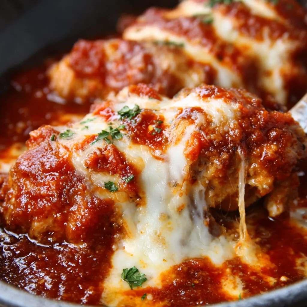 Crock-Pot chicken parmesan, close-up. Easy slow cooker chicken parm recipe.