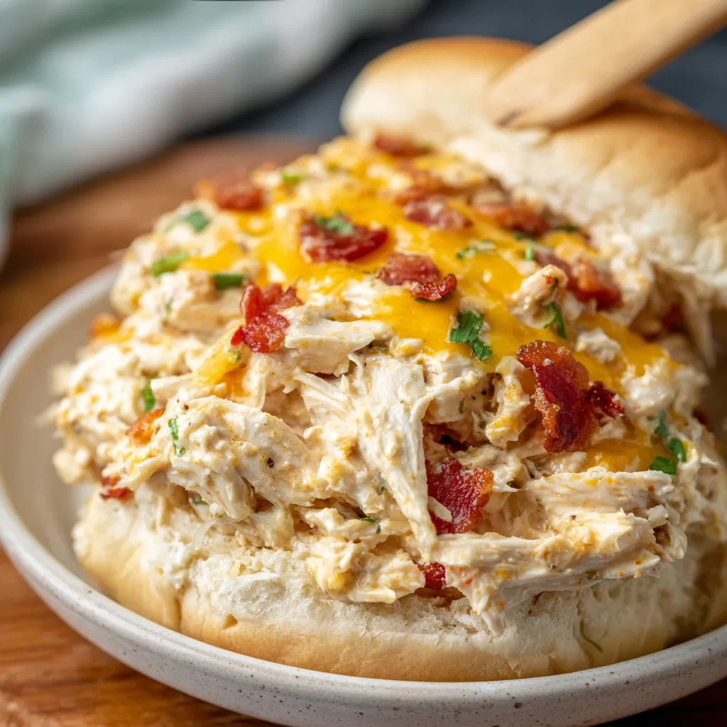 Creamy crockpot crack chicken in a bowl. Shredded chicken, bacon, ranch, cream cheese.